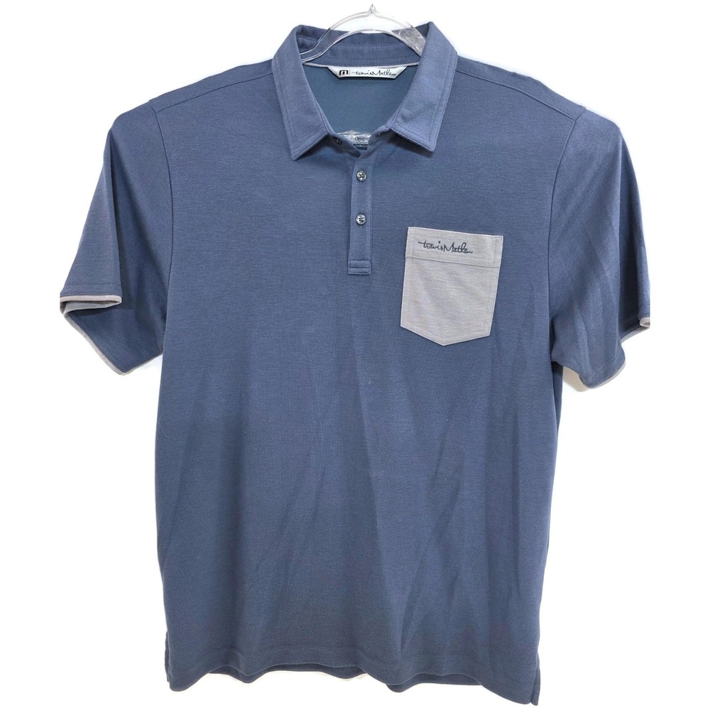 Travis Mathew Polo Shirt Mens Large Blue Gray Pocket‎ Golf Casual Performance